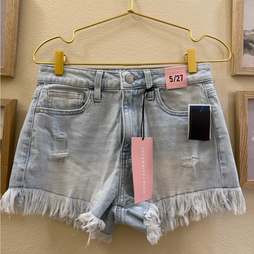 Celebrity Pink High-Rise Frayed Hem Denim Shorts - Light Blue